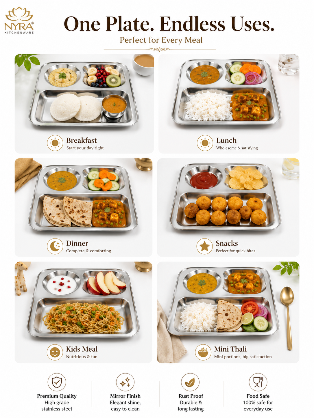 Stainless Steel 3-Compartment Dinner Plate - Ideal for Snacks & Thali Meals