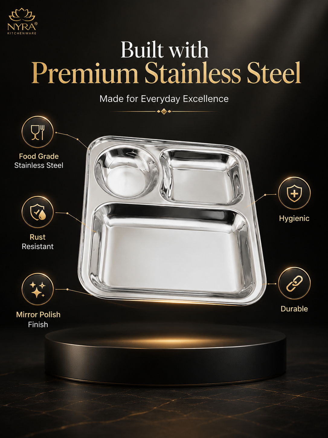 Stainless Steel 3-Compartment Dinner Plate - Ideal for Snacks & Thali Meals