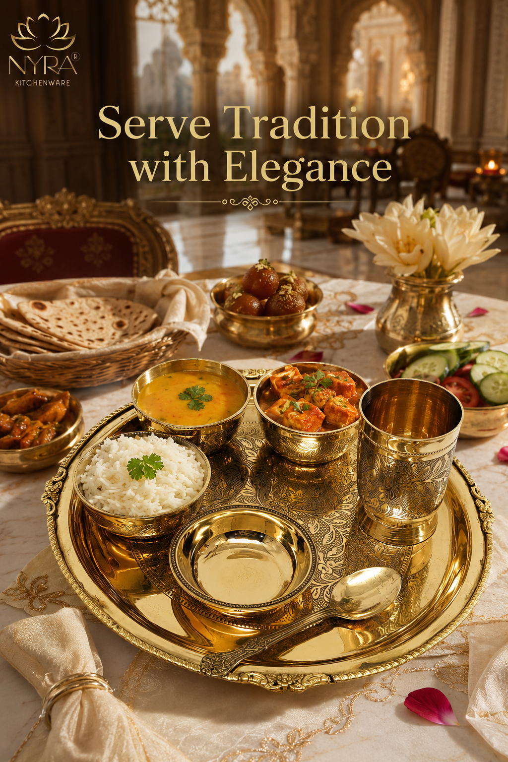 Traditional Brass Dinner Thali Set | Peetal Embossed Floral Design Set
