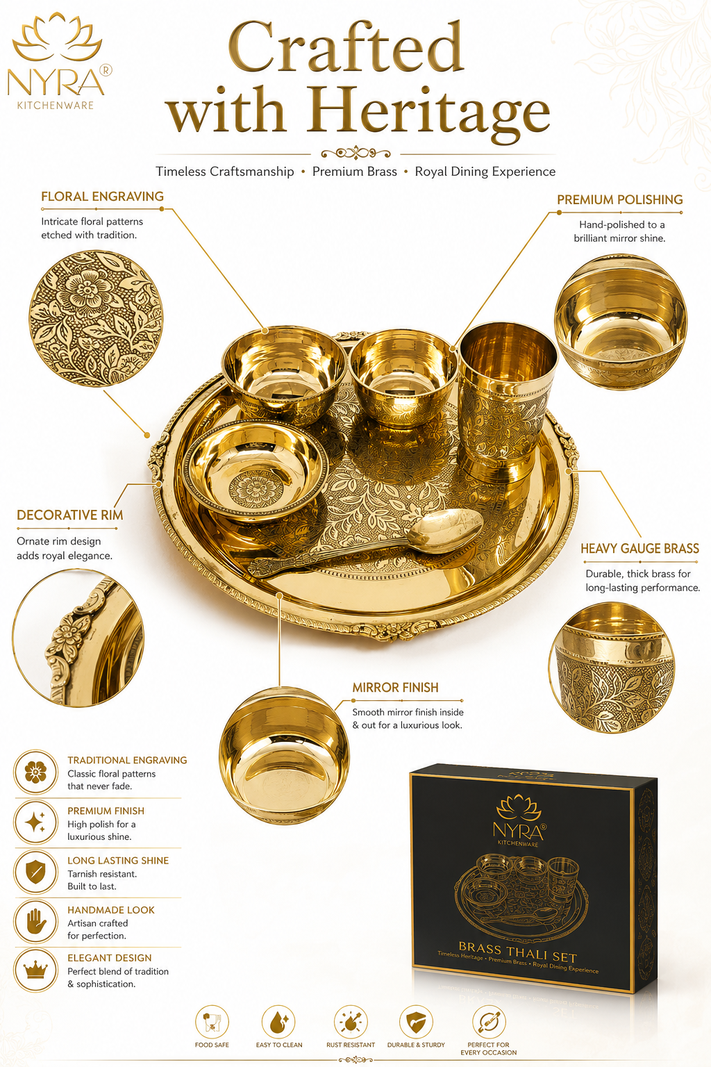 Traditional Brass Dinner Thali Set | Peetal Embossed Floral Design Set