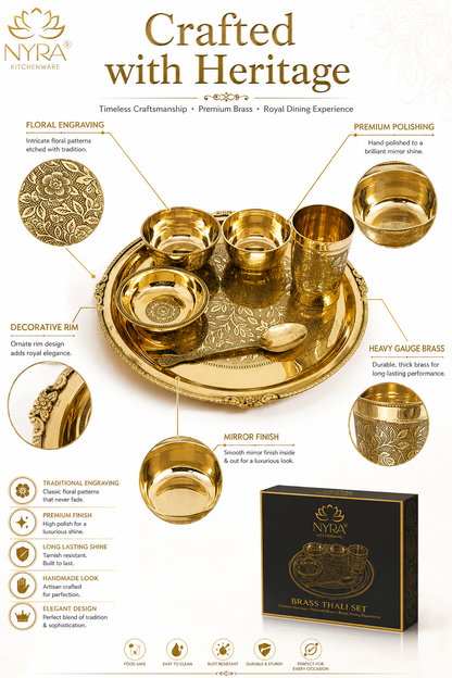 Traditional Brass Dinner Thali Set | Peetal Embossed Floral Design Set