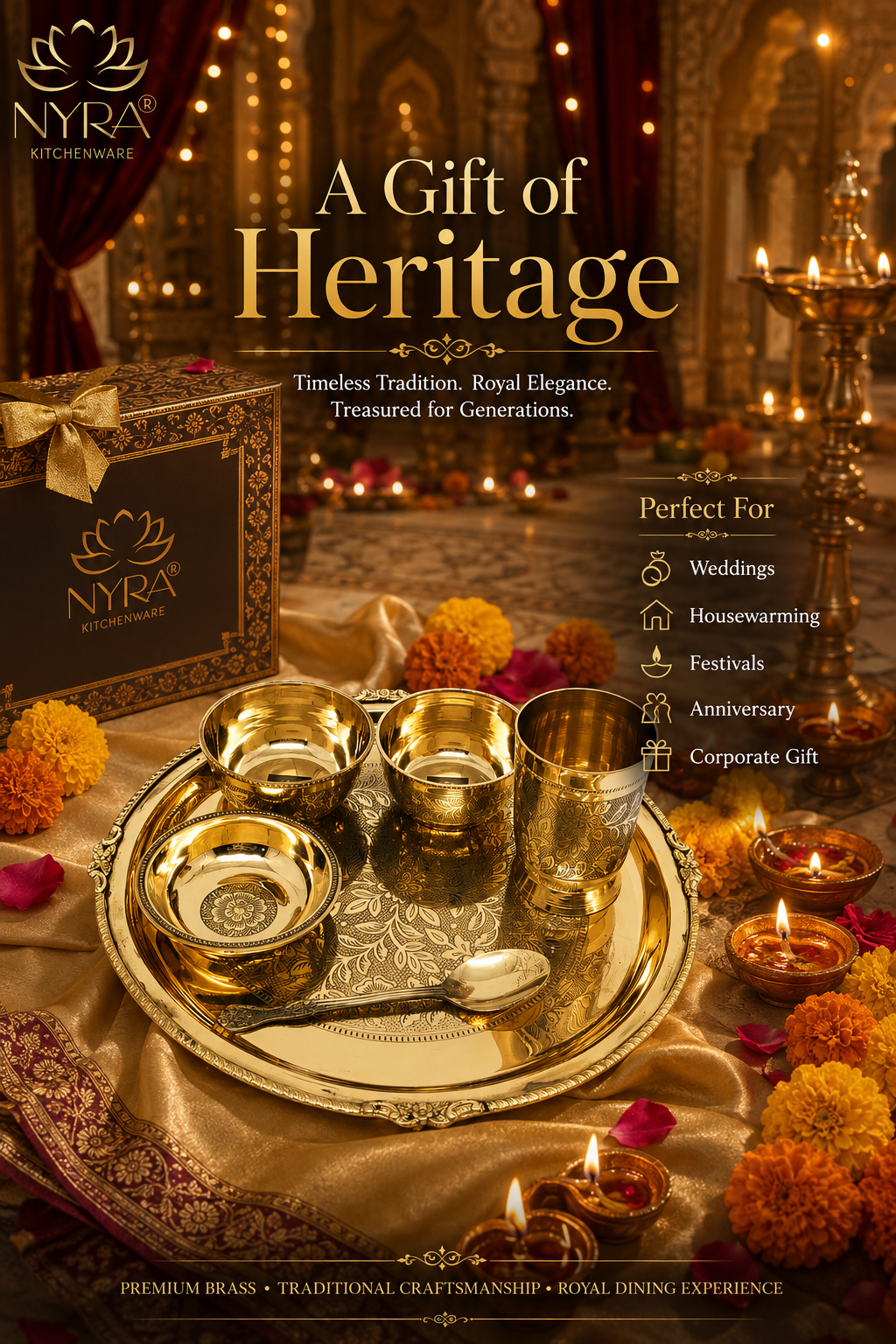 Traditional Brass Dinner Thali Set | Peetal Embossed Floral Design Set