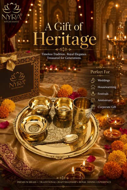 Traditional Brass Dinner Thali Set | Peetal Embossed Floral Design Set
