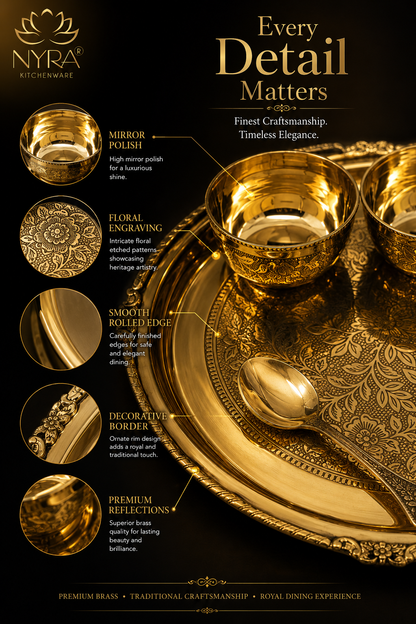 Traditional Brass Dinner Thali Set | Peetal Embossed Floral Design Set