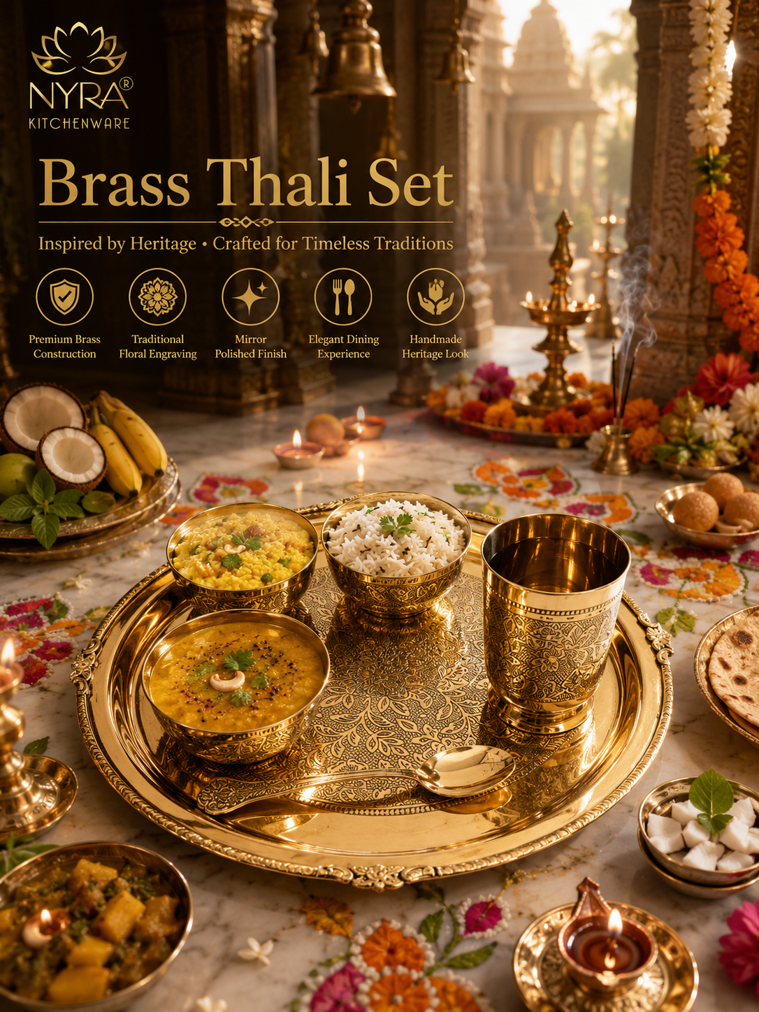 Traditional Brass Dinner Thali Set | Peetal Embossed Floral Design Set