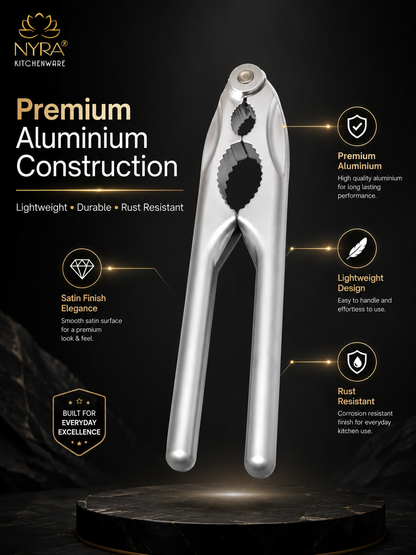 Nyra kitchenware premium aluminium kitchen shears shown on a dark promotional background with feature callouts and text.