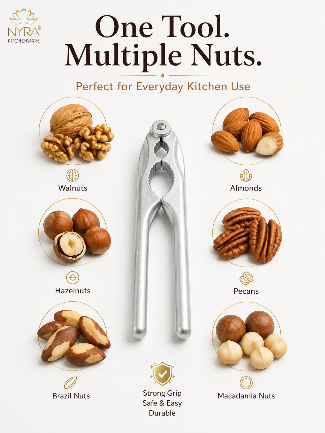 A silver metal nut cracker tool is centered on a light beige background with text reading 'One Tool. Multiple Nuts.