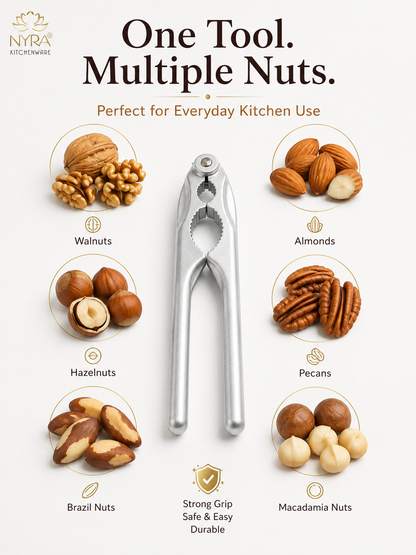 A silver metal nut cracker tool is centered on a light beige background with text reading 'One Tool. Multiple Nuts.