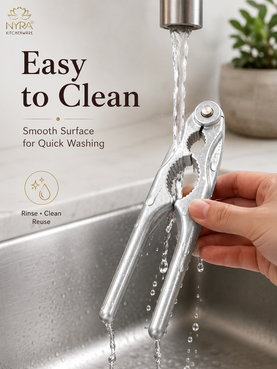 A hand holding a stainless steel kitchen cleaning tool under running water in a sink, with text on the left reading 'Easy to Clean' and 'Smooth Surface for Quick Washing.' The NYRA Kitchenware logo appears in the top left.