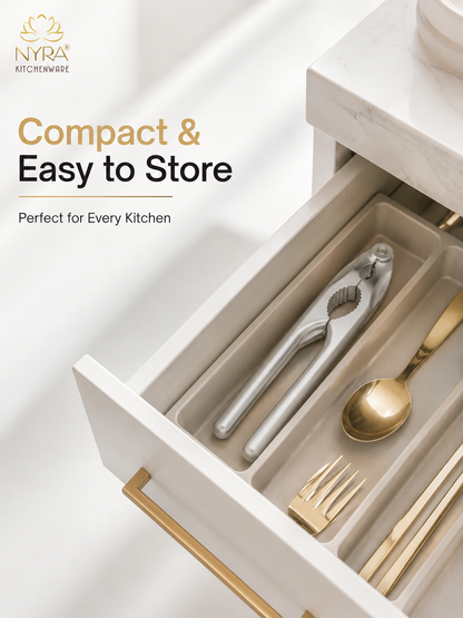 Nyra kitchenware compact drawer organizer shown inside an open white kitchen drawer, holding utensils including a silver nutcracker, gold spoon, fork, and chopsticks. Text on the left reads 'Compact & Easy to Store' and 'Perfect for Every Kitchen.