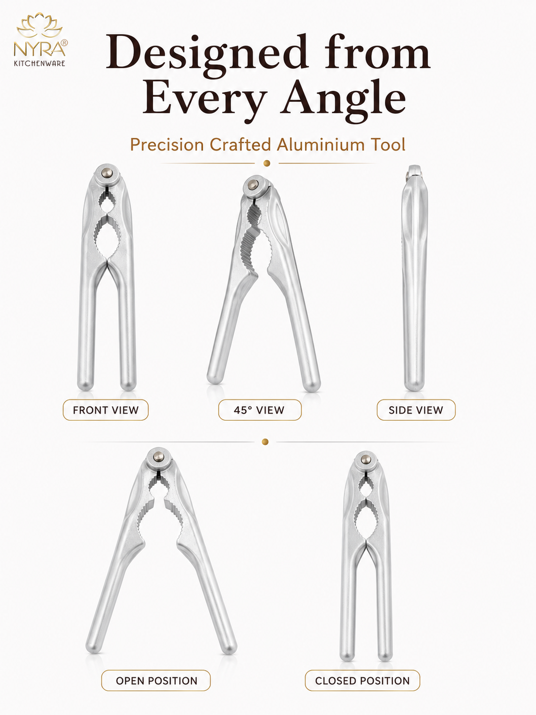 A product infographic showing a silver aluminium kitchen tool from multiple angles, including front, side, and open/closed positions, with the text 'Designed from Every Angle' and the NYRA Kitchenware logo.
