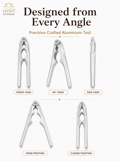 A product infographic showing a silver aluminium kitchen tool from multiple angles, including front, side, and open/closed positions, with the text 'Designed from Every Angle' and the NYRA Kitchenware logo.