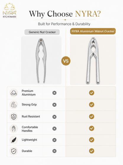A comparison infographic for NYRA kitchenware showing a side-by-side comparison of a generic nut cracker versus the NYRA Aluminium Walnut Cracker. The graphic includes feature checkmarks and a list of benefits like premium aluminium, strong grip, rust resistant, and comfortable handles.