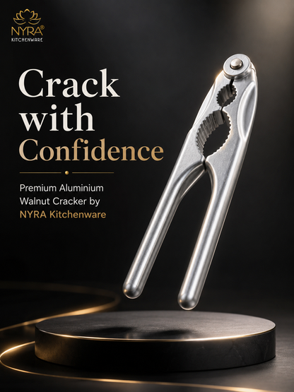 A premium aluminium walnut cracker by NYRA Kitchenware, shown floating above a dark pedestal against a black background with promotional text reading 'Crack with Confidence'.