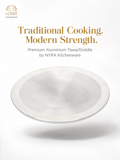 A promotional product image for a round premium aluminium tawa/griddle by NYRA Kitchenware, shown floating on a white background with gold and black text above it.