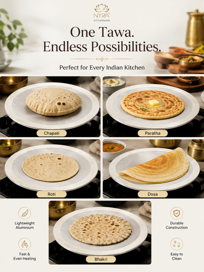 A promotional collage for a tawa pan set, showing five types of Indian flatbreads cooked on white tawas: Chapati, Paratha, Roti, Dosa, and Bhakri. The top of the image features the brand logo 'Nyra Kitchenware' with the tagline 'One Tawa.