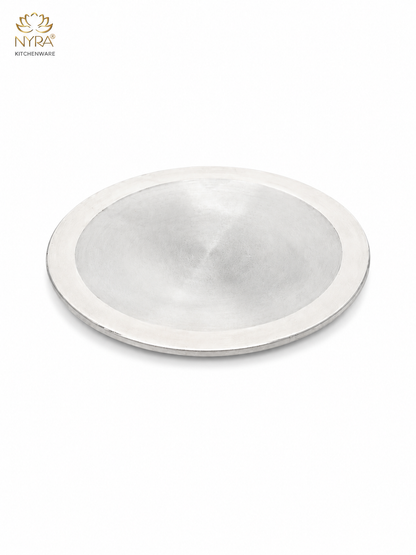 A round stainless steel bowl with a wide rim, shown from a top-down perspective on a white background with the NYRA Kitchenware logo in the top-left corner.
