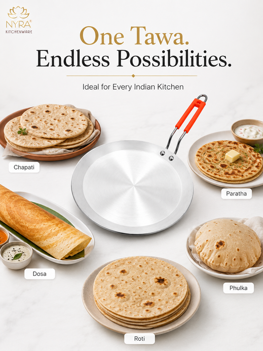 A stainless steel Indian kitchen pan with a bright orange handle is centered on a white background, surrounded by labeled Indian flatbreads and dosas. Text at the top reads 'One Tawa.