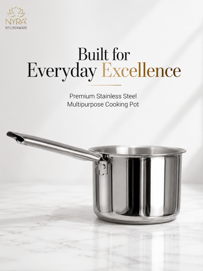 A stainless steel multipurpose saucepan with a long handle, shown on a light marble surface with promotional text above reading 'Built for Everyday Excellence' and 'Premium Stainless Steel Multipurpose Cooking Pot.' The NYRA Kitchenware logo appears in the top left.