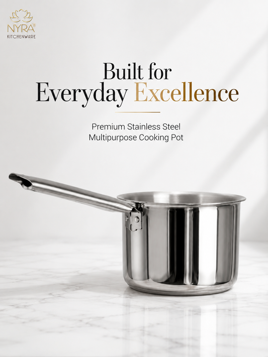 A stainless steel multipurpose saucepan with a long handle, shown on a light marble surface with promotional text above reading 'Built for Everyday Excellence' and 'Premium Stainless Steel Multipurpose Cooking Pot.' The NYRA Kitchenware logo appears in the top left.