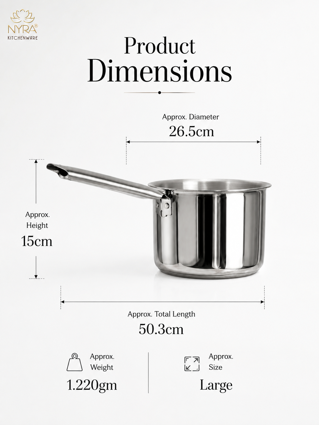 Product dimensions diagram for a stainless steel saucepan, showing a 26.5cm diameter, 15cm height, 50.