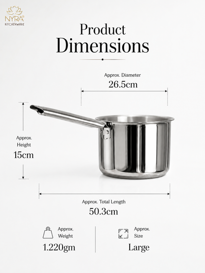 Product dimensions diagram for a stainless steel saucepan, showing a 26.5cm diameter, 15cm height, 50.