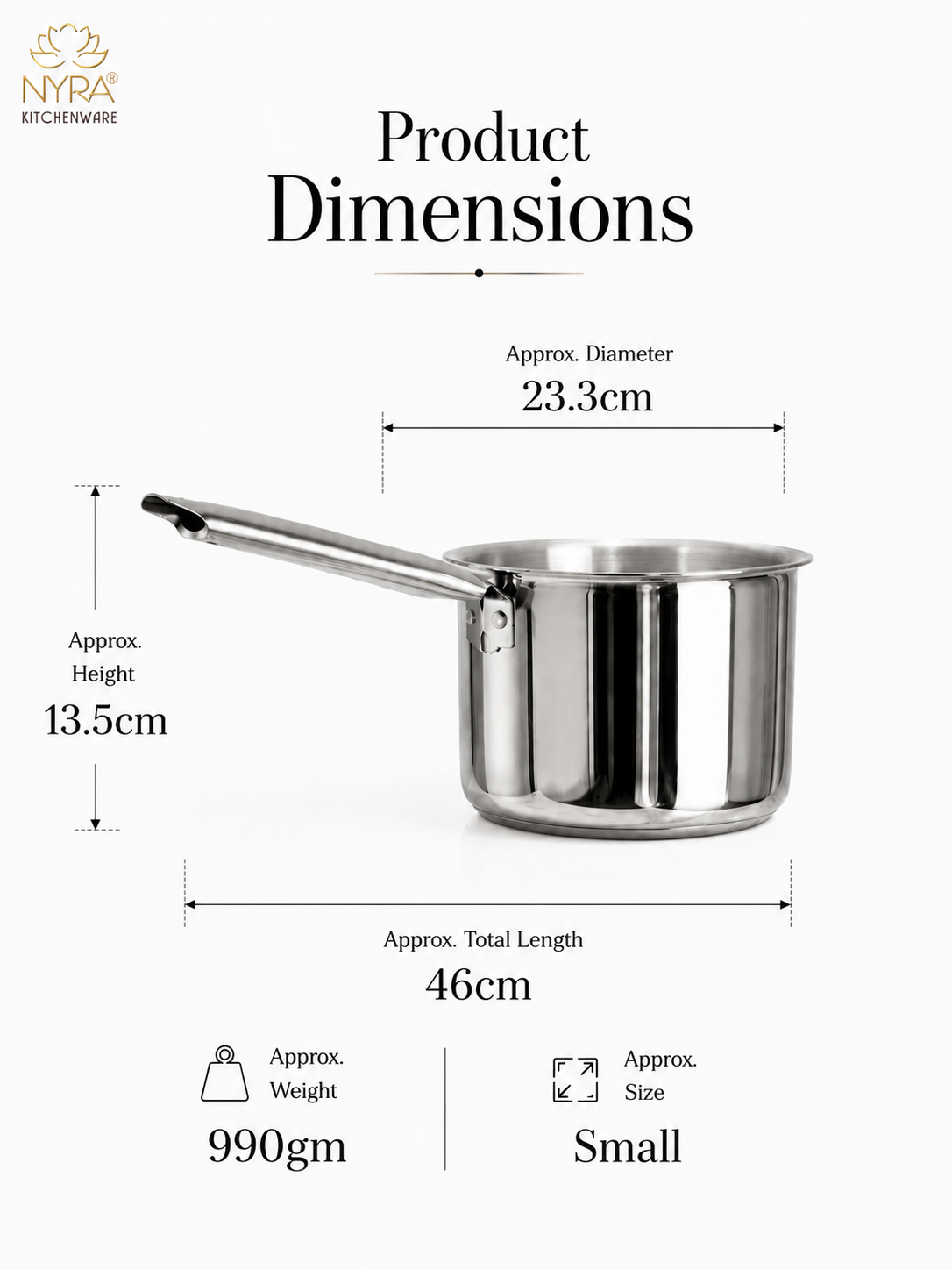 Product dimensions diagram for a small stainless steel saucepan on a white background, showing approximate diameter 23.3cm, height 13.