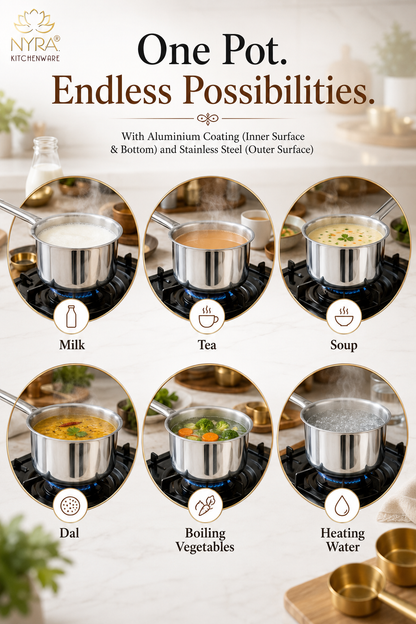 A promotional graphic for a multi-pot cookware set by NYRA Kitchenware, featuring six circular images of stainless steel pots cooking milk, tea, soup, dal, vegetables, and water on gas stovetops. The top text reads 'One Pot.