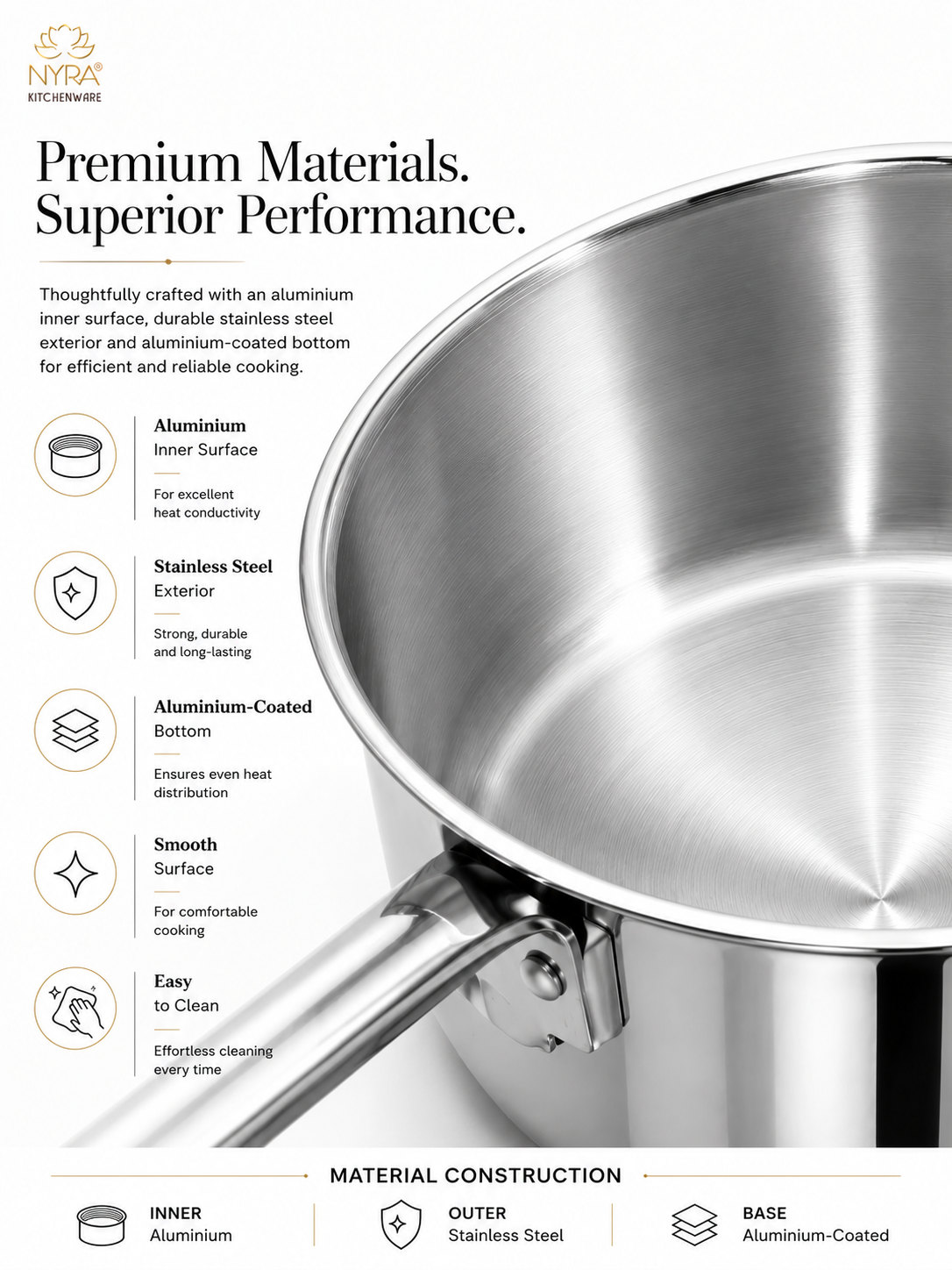 A stainless steel saucepan with a smooth interior and handle, shown on a white marketing graphic with text highlighting premium materials and cooking benefits.