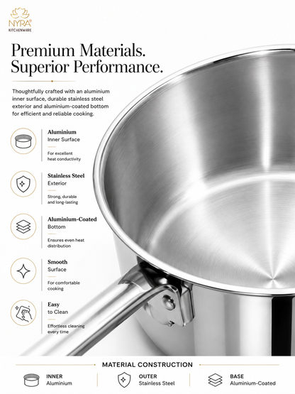 A stainless steel saucepan with a smooth interior and handle, shown on a white marketing graphic with text highlighting premium materials and cooking benefits.