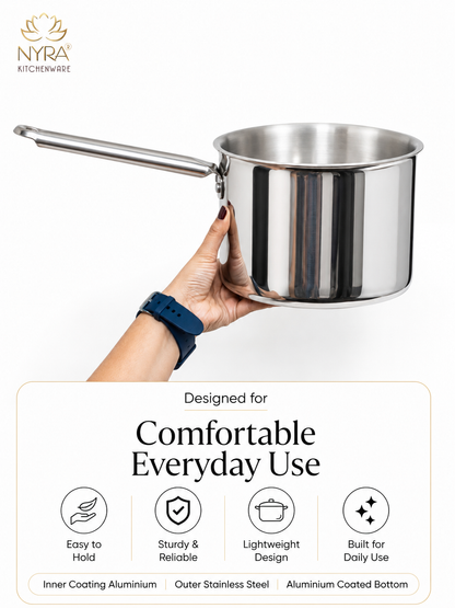 A stainless steel saucepan with a long handle being held by a person's hand against a white background, with the NYRA Kitchenware logo at the top and feature icons and text at the bottom highlighting its design and durability.