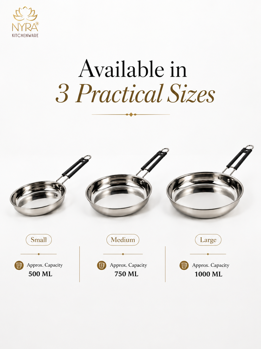 Stainless Steel Fry Pan with Riveted PVC Handle - 3 sizes