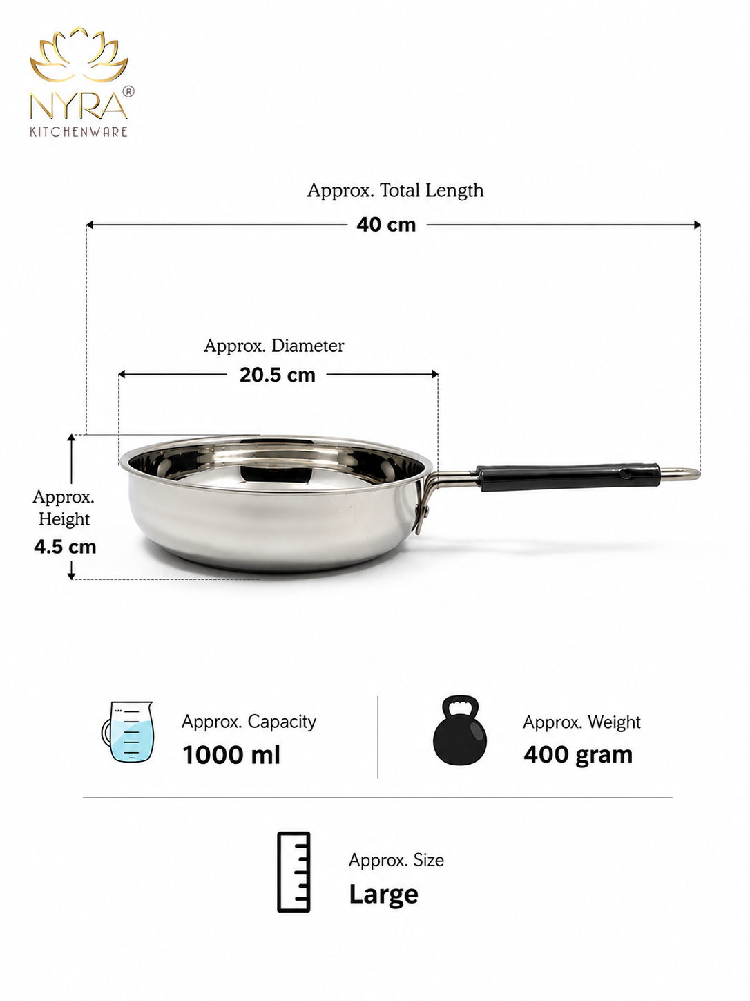Stainless Steel Fry Pan with Riveted PVC Handle - 3 sizes