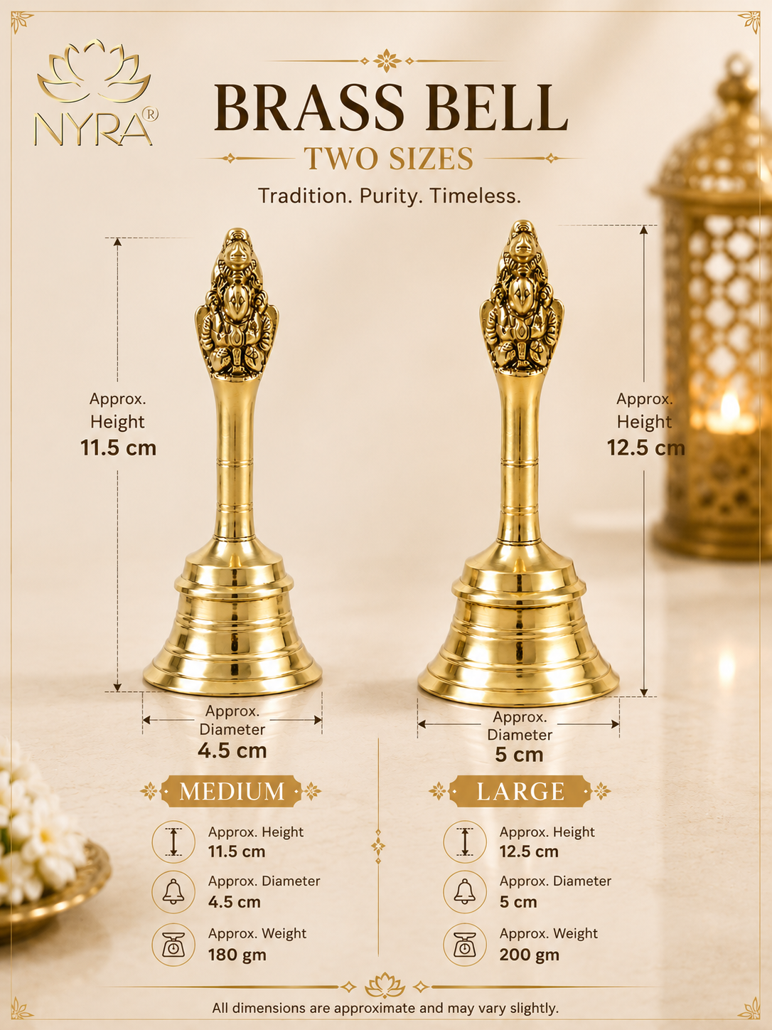 A product infographic for NYRA brass bells showing two sizes labeled MEDIUM and LARGE with dimensions and weights. The image features two ornate gold brass bell-shaped objects centered on a warm beige background with decorative text and a blurred brass lantern on the right.