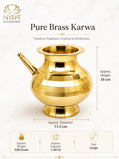 A gold-toned brass karwa pitcher shown on a light cream background with product text and dimensions. The image includes the brand name NYRA Kitchenware, the product title 'Pure Brass Karwa,' height and diameter measurements, and small capacity/weight icons at the bottom.