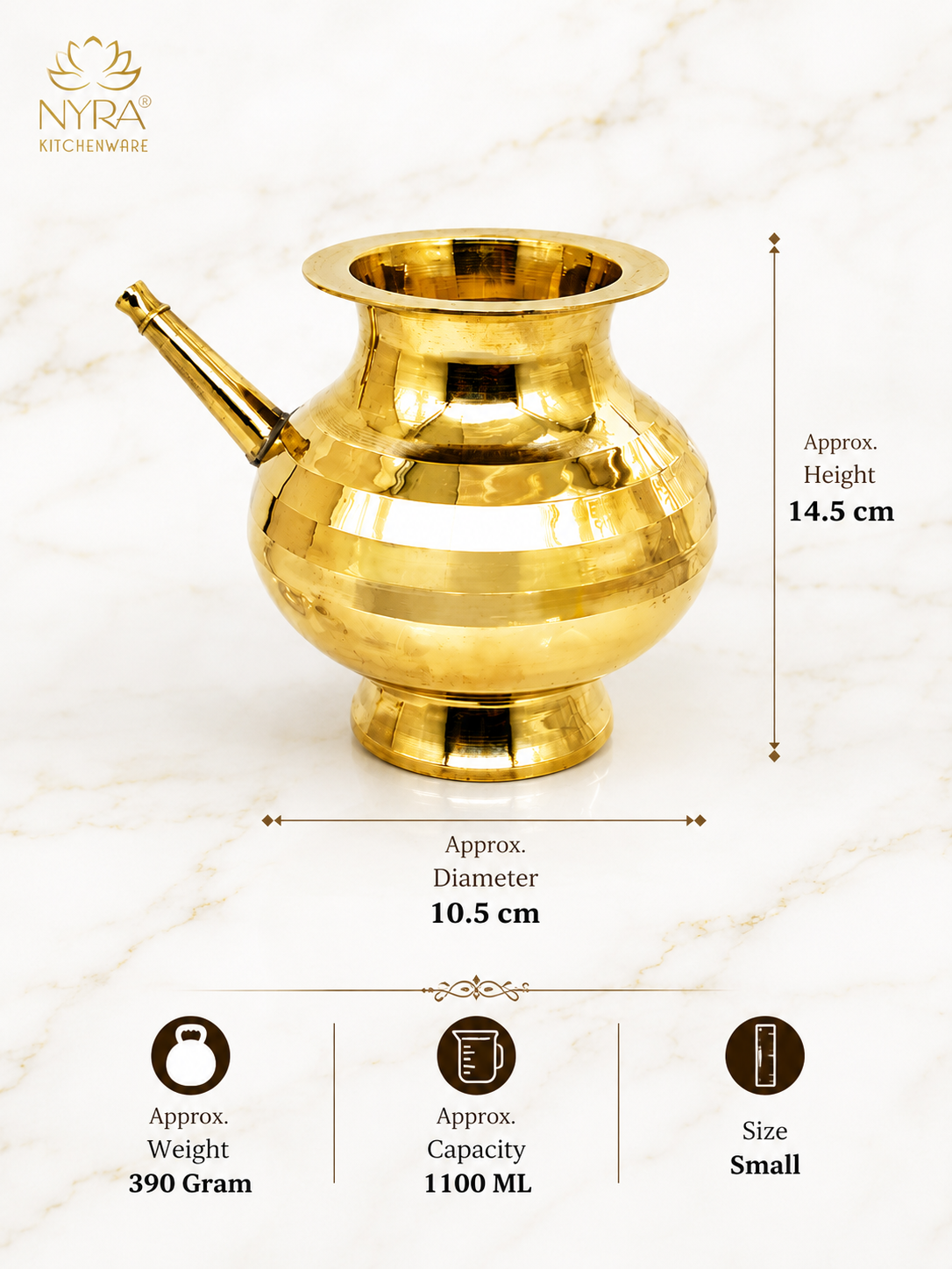 A golden brass Indian copper pot (Alu Pan) with dimension markings showing a height of 14.5 cm and a diameter of 10.