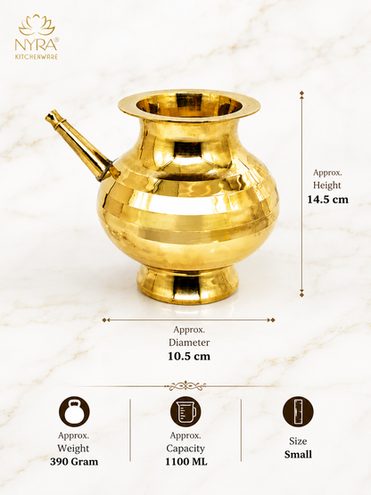 A golden brass Indian copper pot (Alu Pan) with dimension markings showing a height of 14.5 cm and a diameter of 10.