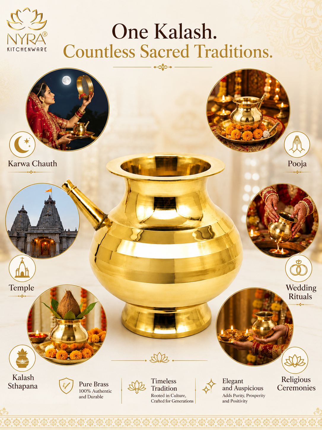 A brass Kalash pot featured in a branded promotional graphic for NYRA Kitchenware, surrounded by circular lifestyle photos of ceremonial uses such as Karva Chauth, Pooja, Temple visits, Wedding Rituals, Kalash Shipana, and Religious Ceremonies. Text at the top reads 'One Kalash.