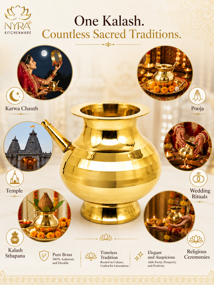 A brass Kalash pot featured in a branded promotional graphic for NYRA Kitchenware, surrounded by circular lifestyle photos of ceremonial uses such as Karva Chauth, Pooja, Temple visits, Wedding Rituals, Kalash Shipana, and Religious Ceremonies. Text at the top reads 'One Kalash.