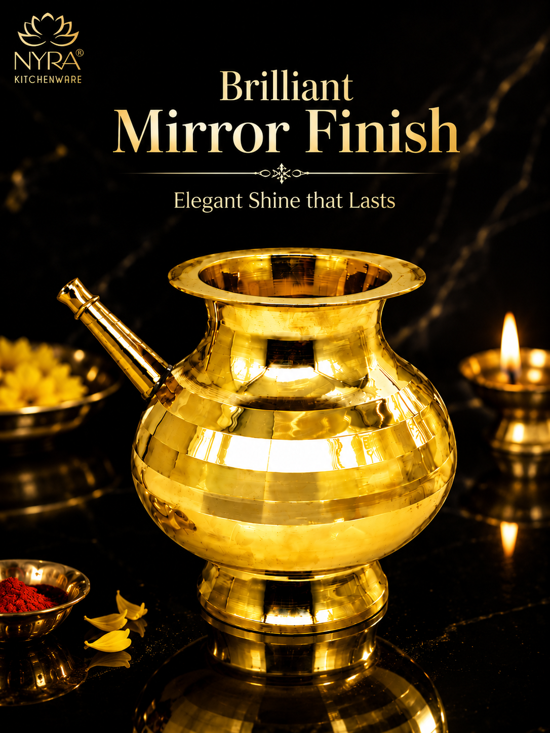 A polished brass pot with a reflective golden finish, set against a dark background with decorative props and text reading 'Brilliant Mirror Finish' and 'Elegant Shine that Lasts' from NYRA Kitchenware.