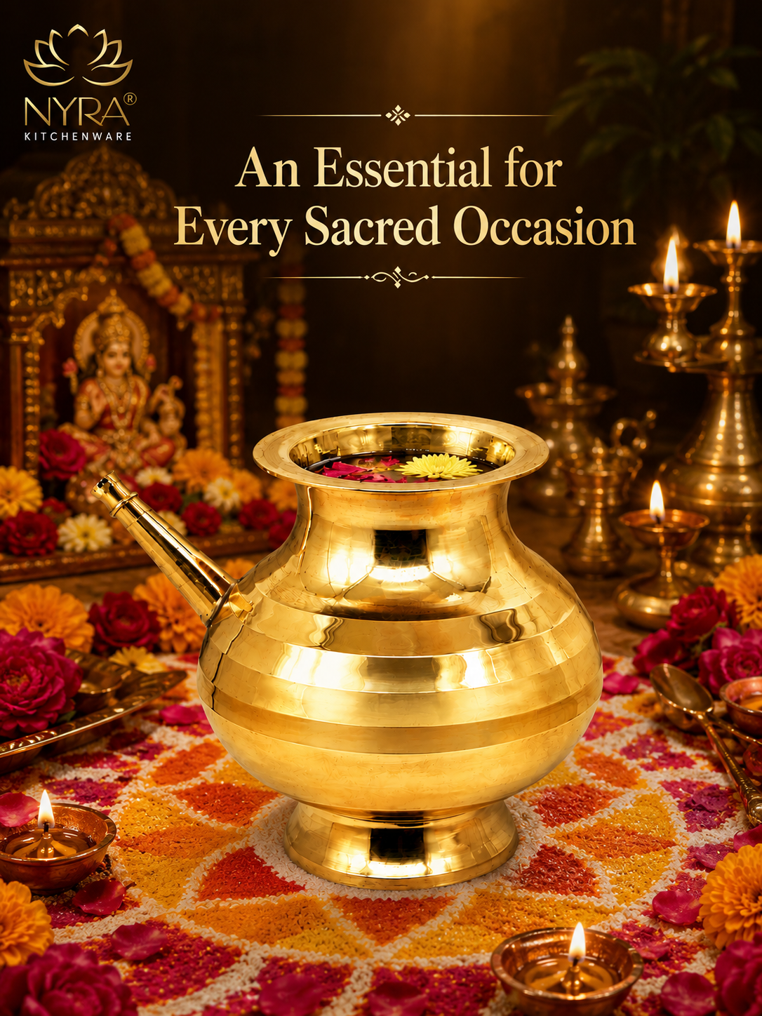 A polished brass pot, likely a traditional Indian copper/alloy vessel, displayed on a colorful flower-patterned mat with lit oil lamps, flowers, and a decorative temple idol in the background. The NYRA Kitchenware logo and the text 'An Essential for Every Sacred Occasion' are overlaid at the top.