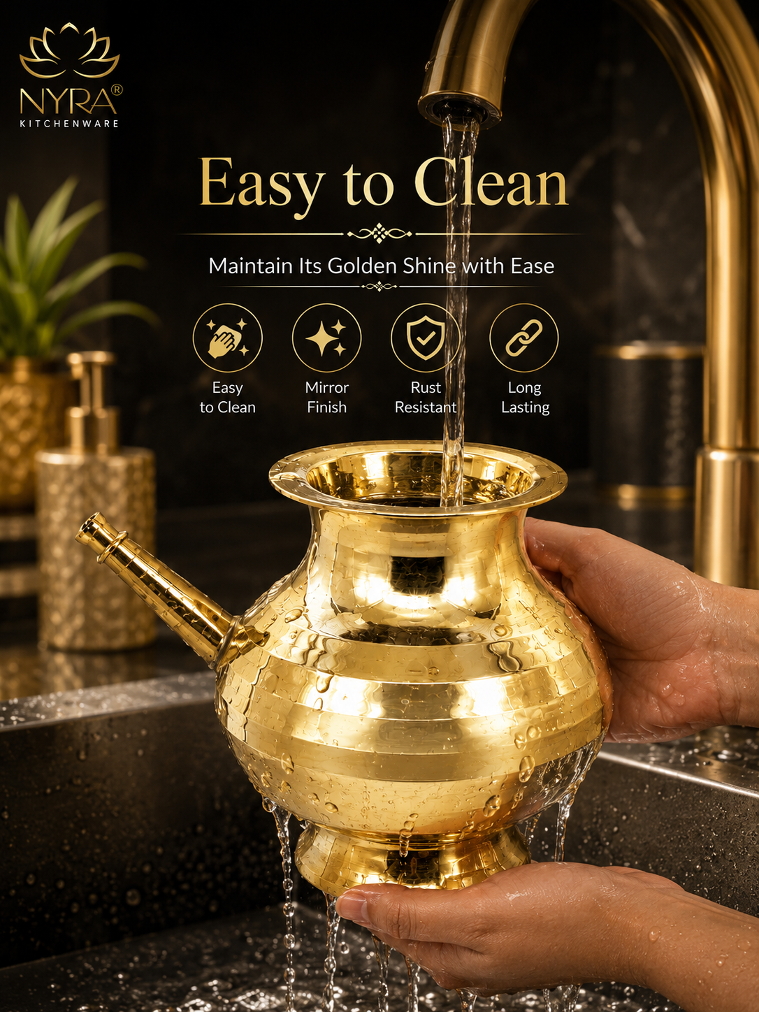 A golden brass chalice-style pitcher being rinsed under running water from a matching faucet, held by two hands in a kitchen sink. The image includes promotional text and icons for 'Easy to Clean' and 'Rust Resistant' with the NYRA Kitchenware logo in the top left.
