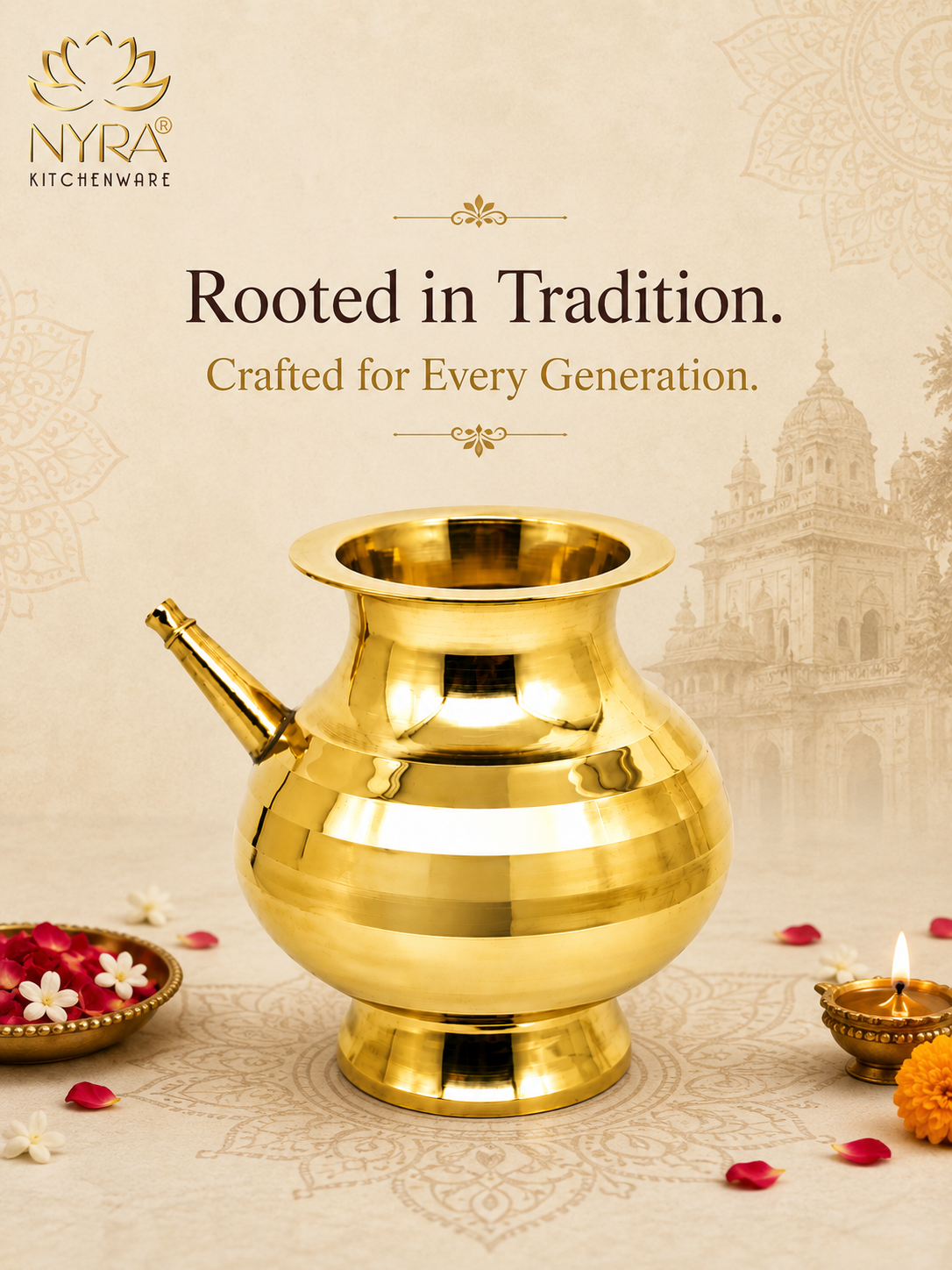 A polished brass traditional Indian pot (kadhai) centered on a beige background with a temple illustration, accompanied by promotional text 'Rooted in Tradition. Crafted for Every Generation.