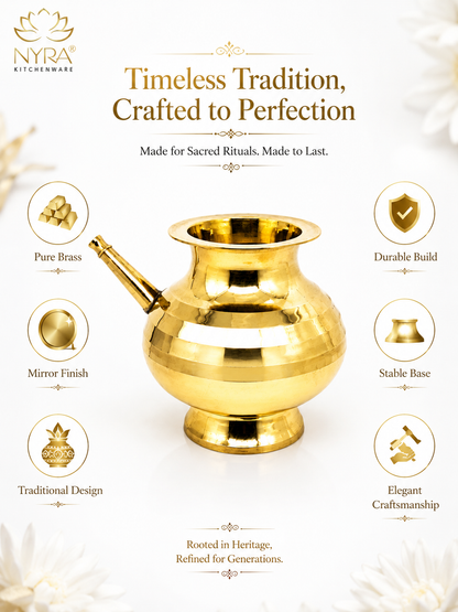A golden brass oil lamp (kundan) centered on a white background with decorative text and icons highlighting product features. The brand logo 'Nyra Kitchenware' is visible in the top left corner.