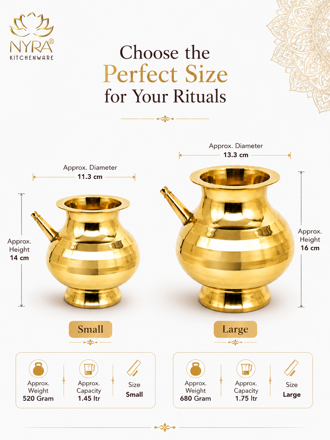 A size comparison chart for two gold-toned brass ritual pots, labeled Small and Large, with dimensions, weights, and capacities shown on a white background with the NYRA Kitchenware logo.