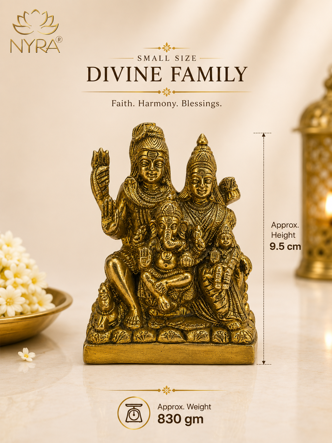 A small brass-colored Divine Family statue of Hanuman, Ganesha, and Lakshmi, shown on a light beige background with decorative props. The image includes text overlays indicating the product is 'Small Size Divine Family' with a height of 9.