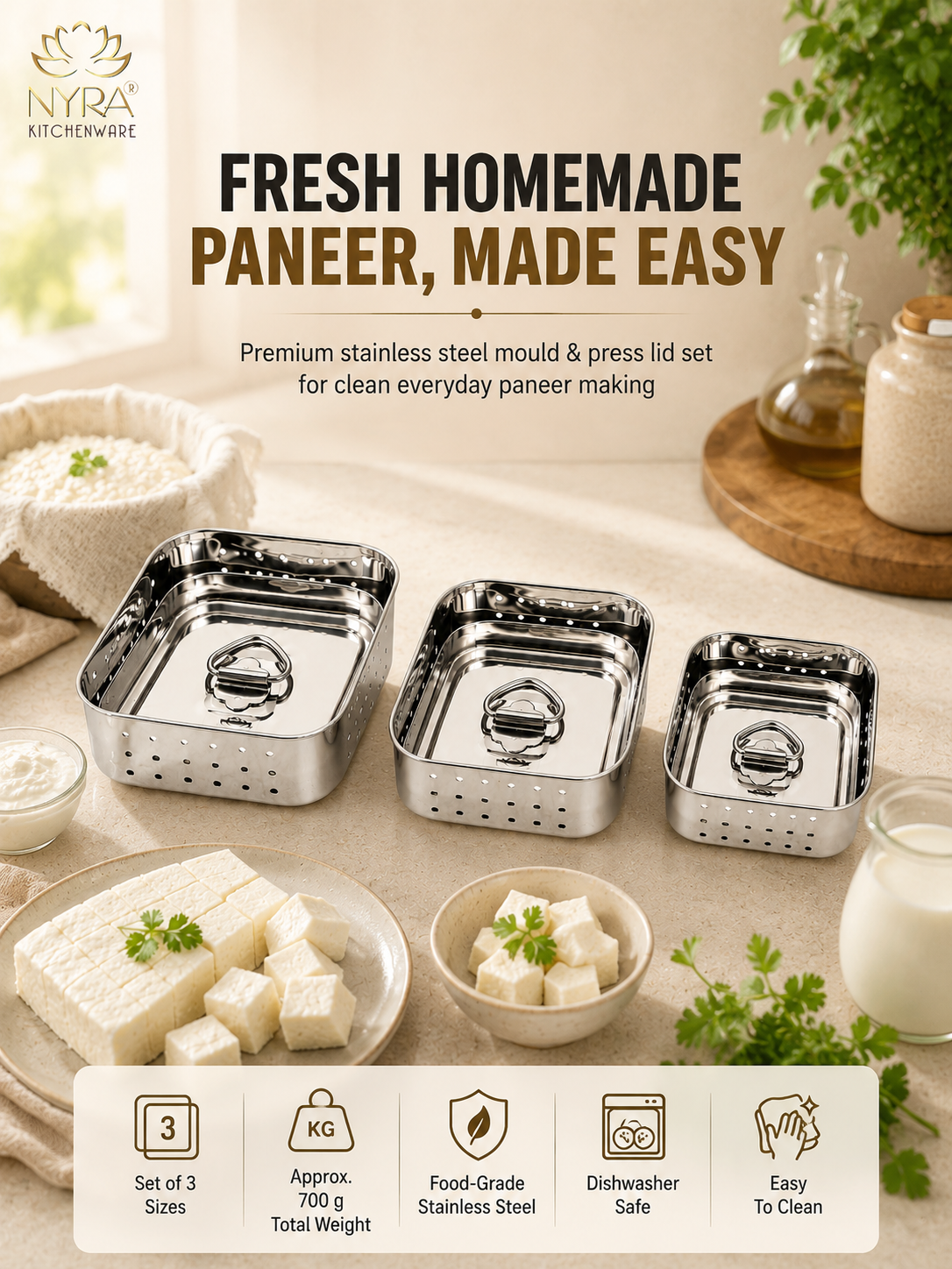 Premium Stainless Steel-square Paneer Maker | Mould & Strainer with Top Press Lid for Homemade Paneer