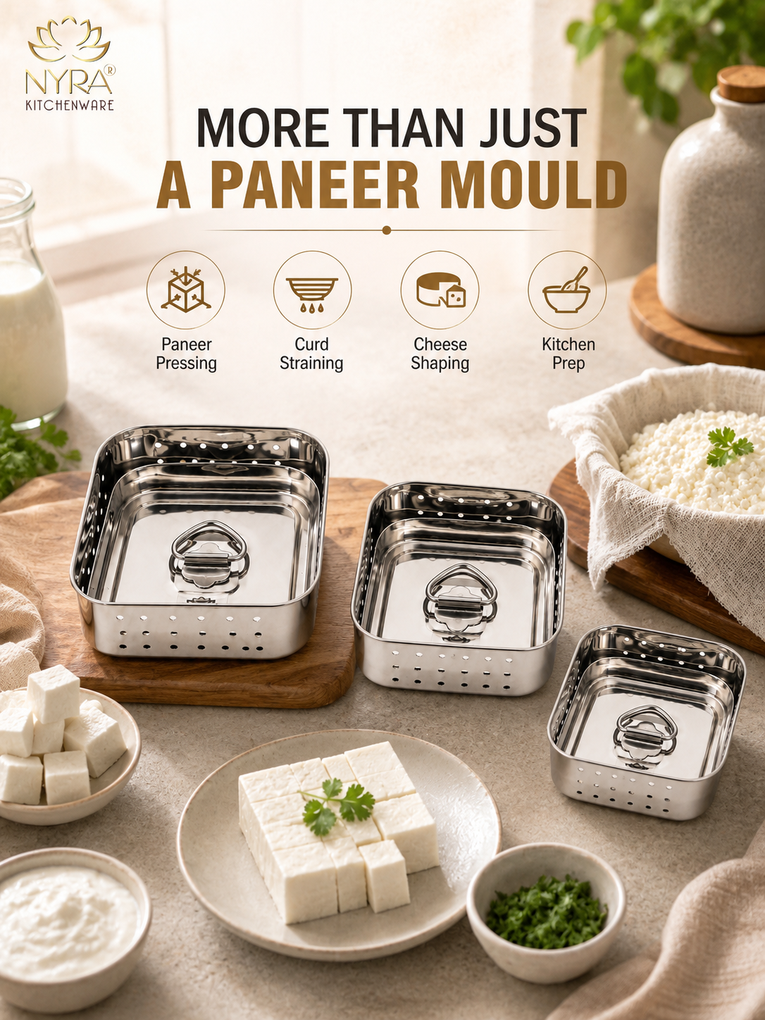 Premium Stainless Steel-square Paneer Maker | Mould & Strainer with Top Press Lid for Homemade Paneer