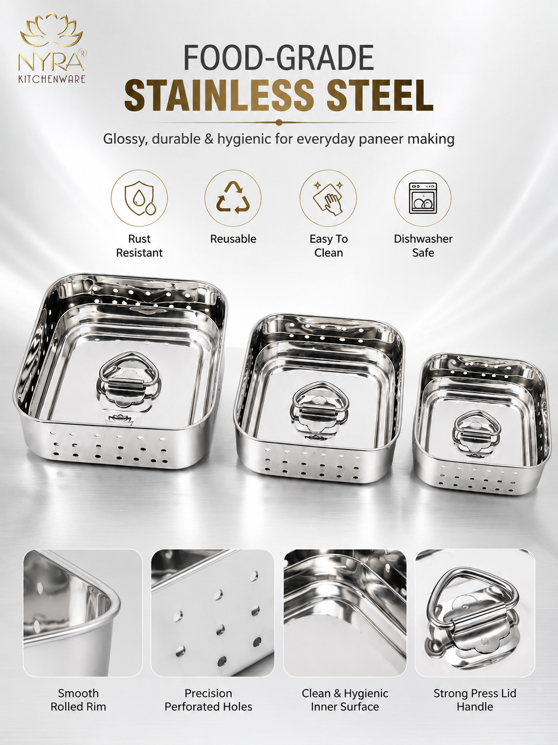 Premium Stainless Steel-square Paneer Maker | Mould & Strainer with Top Press Lid for Homemade Paneer