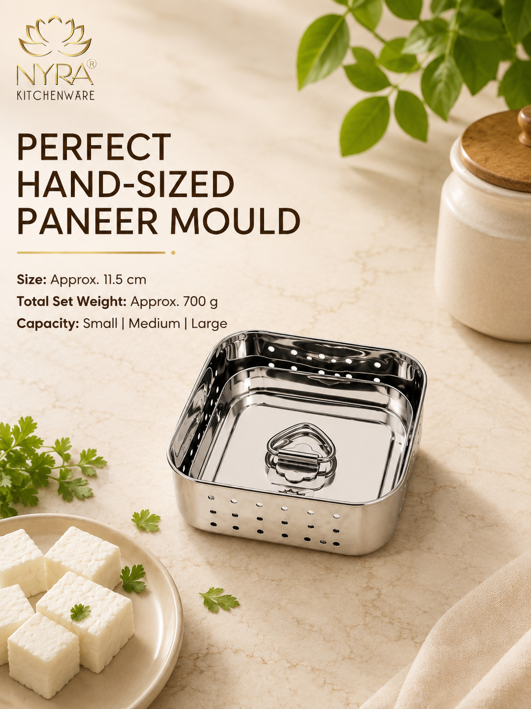 Premium Stainless Steel-square Paneer Maker | Mould & Strainer with Top Press Lid for Homemade Paneer
